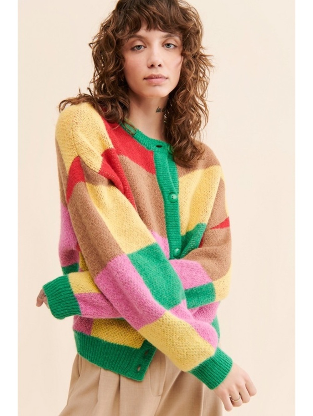 LISA SAYS GAH Lauda knit wool mohair colorblock cardigan